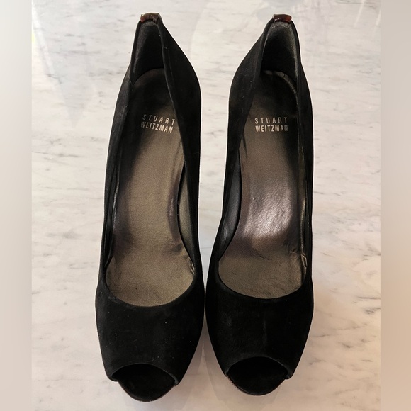 Stuart Weitzman Black Suede and Tortoise Shell Peep Toe Pumps Size 9 - Picture 3 of 6